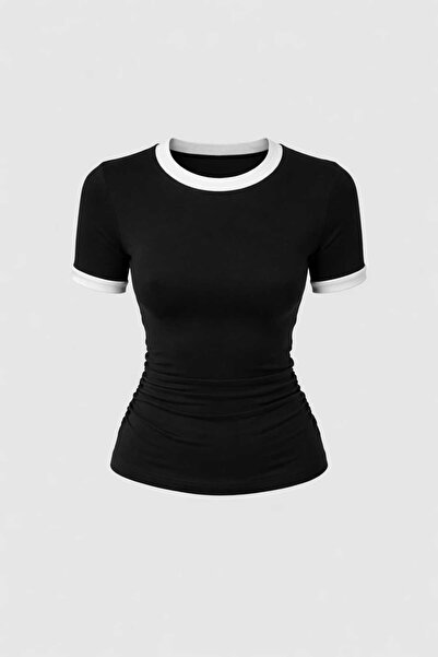 EVOA Women's Crew Neck Garni Detailed Draped Blouse & Bodysuit