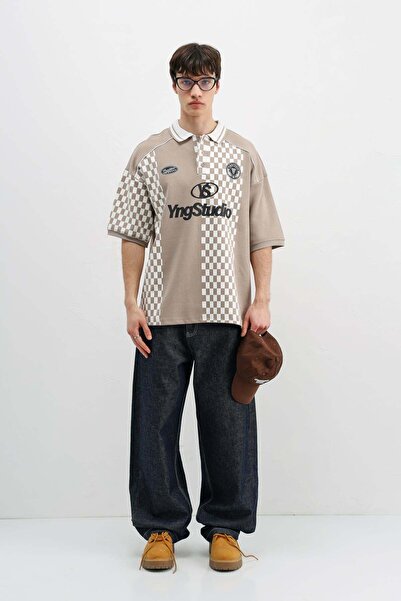 VAMOSCLO Polo Collar Printed Oversie T-Shirt Mink