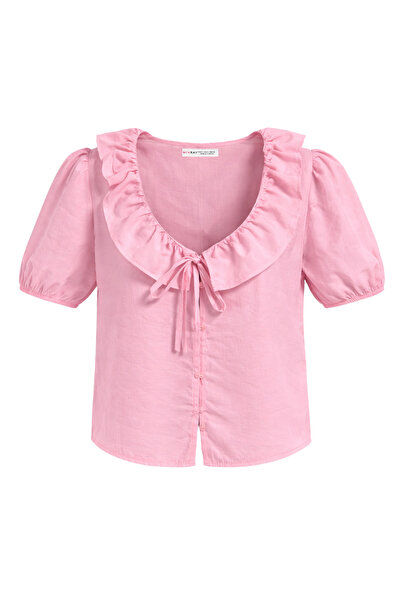 Mixray 4711 women's balloon sleeve ruffled neck blouse pink