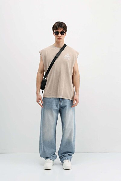 VAMOSCLO Printed Sleeveless Oversize T-Shirt Beige