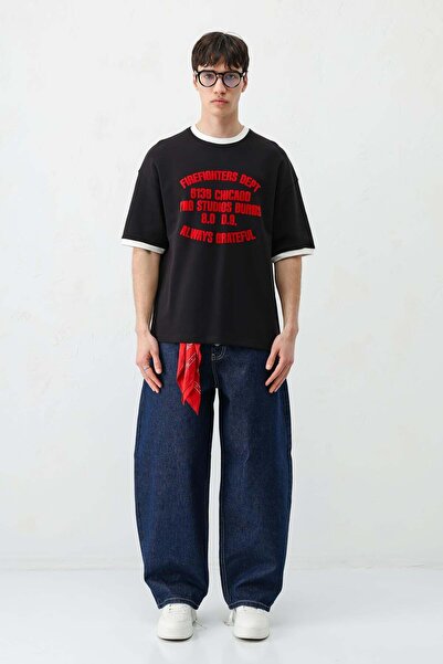 VAMOSCLO Printed Crew Neck Oversize T-Shirt Black