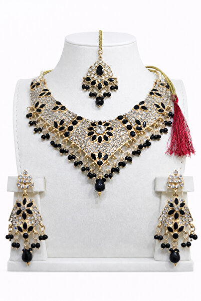 Generic Black Stone Bridal Choker Necklace Set Gold Color Wedding Jewelry wit...