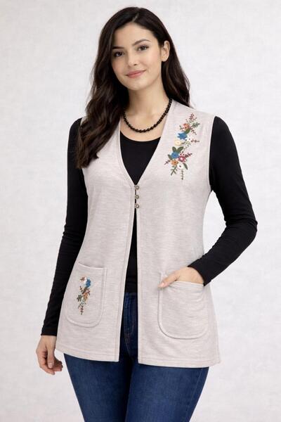 Özenli Triko Ατσάλινο πλεκτό γιλέκο μητέρας με 3 κουμπιά, πολύχρωμο κέντημα λ...