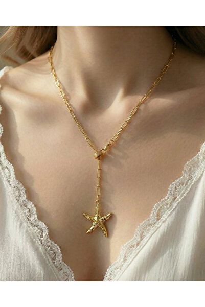 Gleemy accesories Altın Kaplama Desenli Deniz Yıldızı Figürlü, Çelik Ataç Zin...