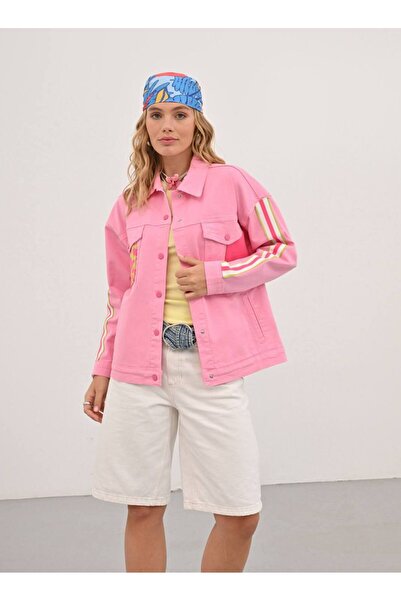 İLKCET MODA Jachetă de damă din denim cu detaliu din tricot cu dungi pe mâneci