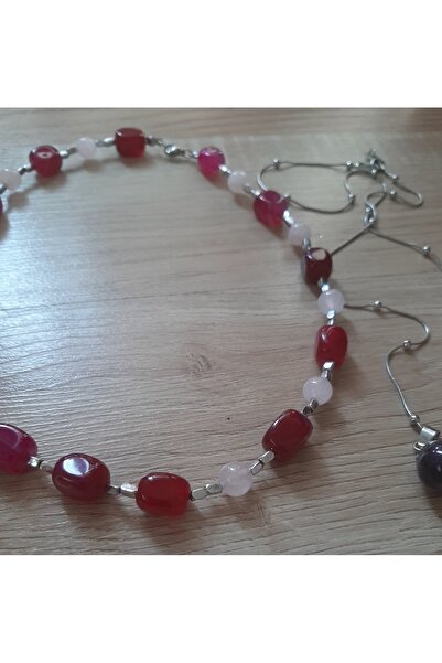 Shine Elagance Natural Stone Pink Sugar Agate Pendant Combined with Steel Cha...