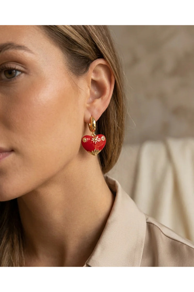 Dorvina Women's Earrings Gold Detailed Red Enamel Embellished Heart Model Ear...