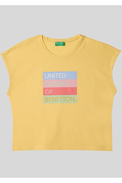 Benetton Μπλουζάκι United Colors of Sarı με τυπωμένο λογότυπο, αμάνικο, με λα...