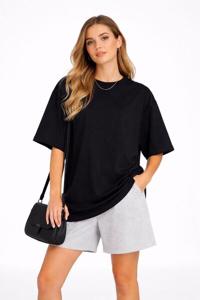 Lizbon Style Women's Oversize 100% Cotton Basic Comfortable Fit Black T-Shirt