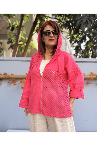 DenizEge Italian Mesh Detail Hooded Linen Jacket Candy Pink