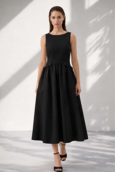 Setre Black 100% Cotton Comfortable Cut Midi Dress with Stone and Waist Detai...