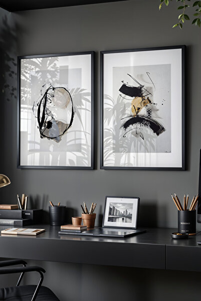 no77decor Σετ Ξύλινων Πινάκων Golden Balance 2 τεμαχίων με Μαύρο Πλαίσιο