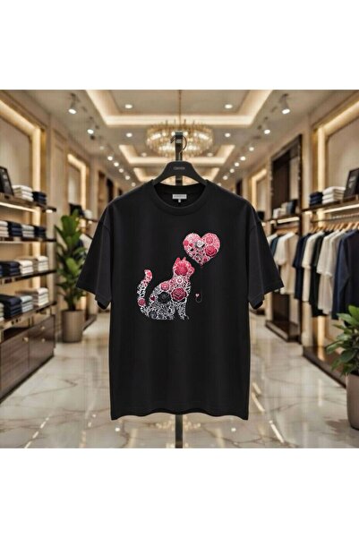 playwear Tricou cu decolteu rotund, cu imprimeu inimă de pisică, 100% bumbac,...