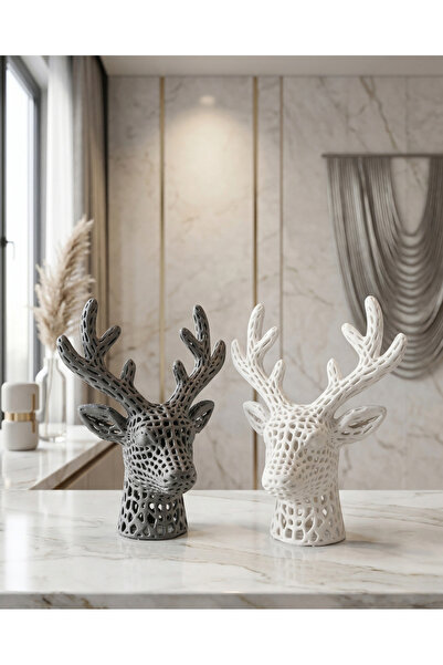 Elana Design 2 Adet Geyik Figürü - Dekorasyon Obje - Beyaz ve Gri (Gizemli He...