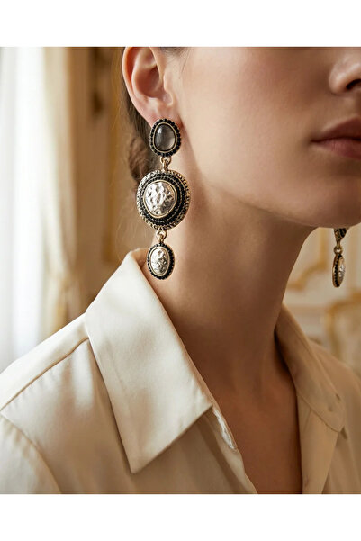 Dorvina Brass Women's Earrings Zr Brand Equivalent Black Stone Embellished Da...