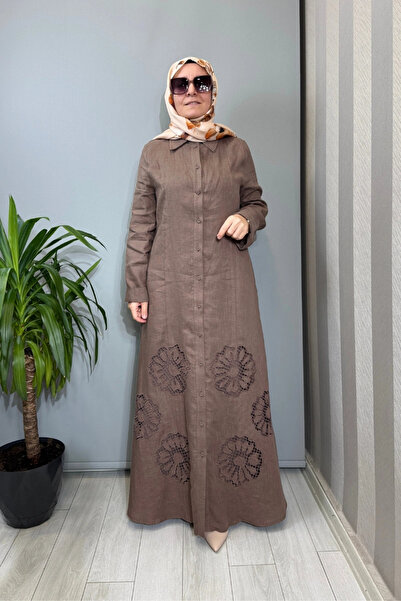 clande Linen Dress with Hole Detail Coffee 2601-5056