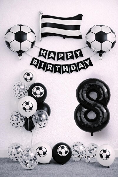 Patladı Gitti Black and White Football Themed 8Th Birthday Balloon Set