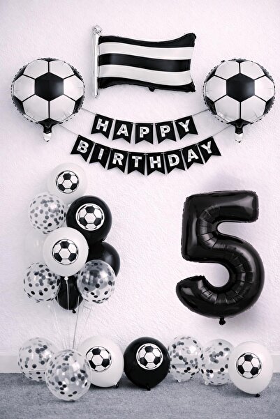 Patladı Gitti Black and White Football Themed 5Th Birthday Balloon Set