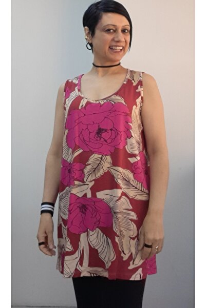 Mertcan Butik Pink Red Floral Patterned Thick Strap Combed Viscose T-Shirt