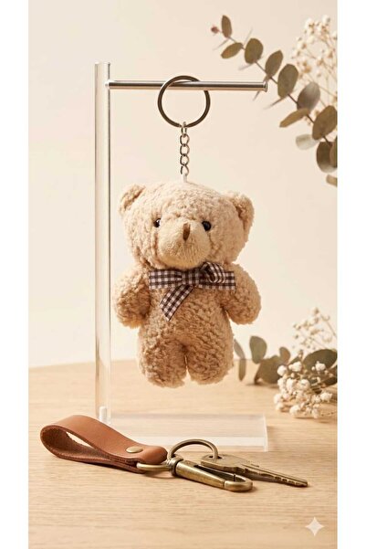Şirin Μπρελόκ με καρό φιόγκο και απαλό βελούδινο αρκουδάκι - Μπεζ