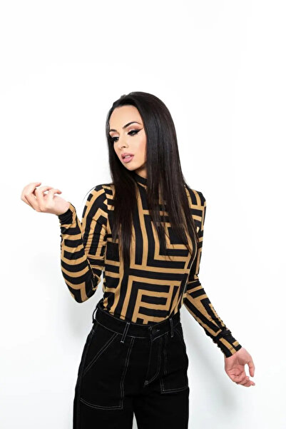 OEM Women's black blouse with mustard geometric print JQZ 10