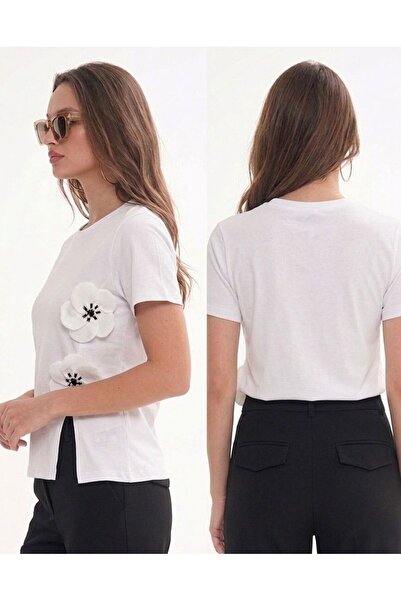 MYZ LİFE Black Rose Accessory Detailed T-Shirt Full Lycra Single Jersey