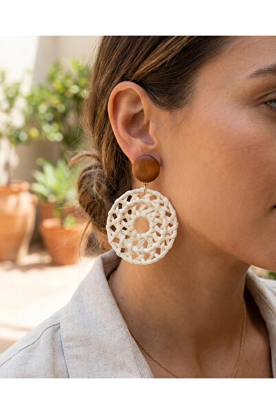 Dorvina Straw Women's Earrings Cream Color Dangle Round Leopard Wooden Button...