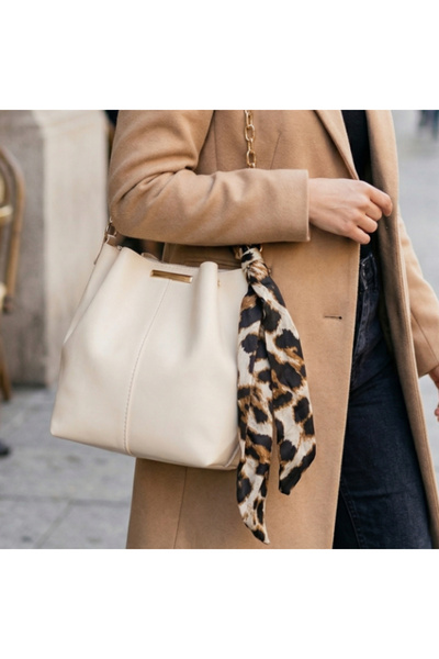baytoptan Leopard Patterned Scarf Detailed Cream Color Bag