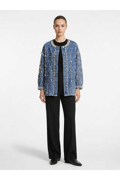 Rabiossa Kadın Yakasız İnci ve Boncuk İşlemeli Baklava Desen Denim Ceket