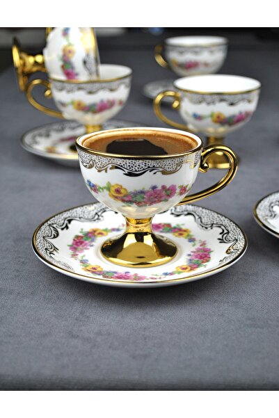 Qualitev 2-Person Porcelain Pink Floral Vintage Gold Footed Coffee Cup Set 90 ml