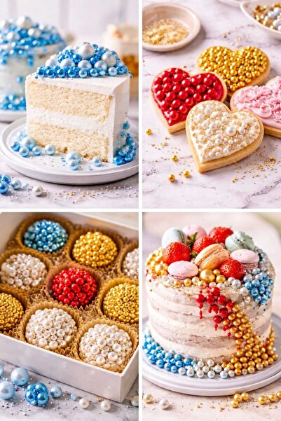 By Paster Festival Boncuk Şeker 35 Gr Mavi Kırmızı Altın Dörtlü Set Pasta Süs...