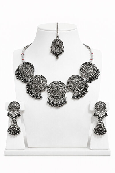 Generic Antique Silver Tribal Necklace Set with Earrings and Maang Tikka Trad...