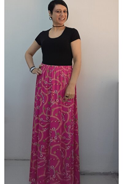 Mertcan Butik Pink Chain Patterned 6-Piece Summer Skirt in Combed Viscose wit...