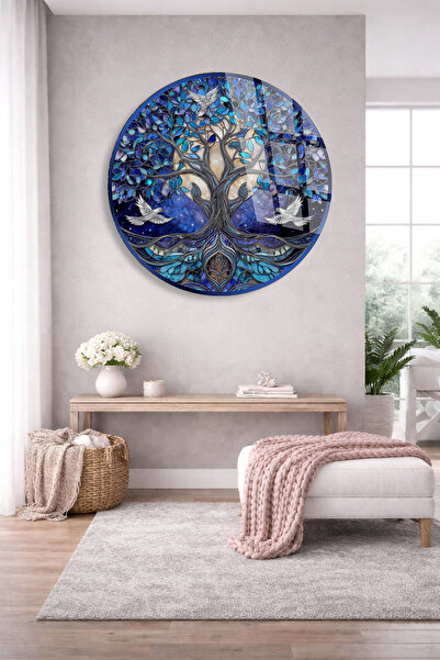 TAULART Unbreakable Glass Painting – Blue Tree of Life and White Birds Mosaic...