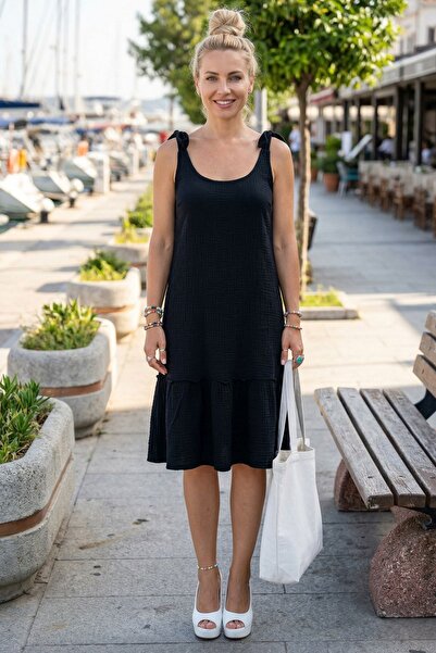 Chiccy Μαύρο φόρεμα με βολάν και τιράντες, casual υφαντό από μουσελίνα 95 50