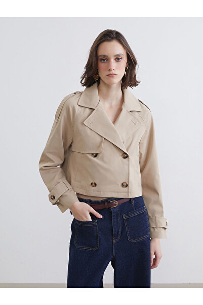 LC Waikiki Bež Kruvaze izrez Skraćeni kroj Ženski kaput (S6)