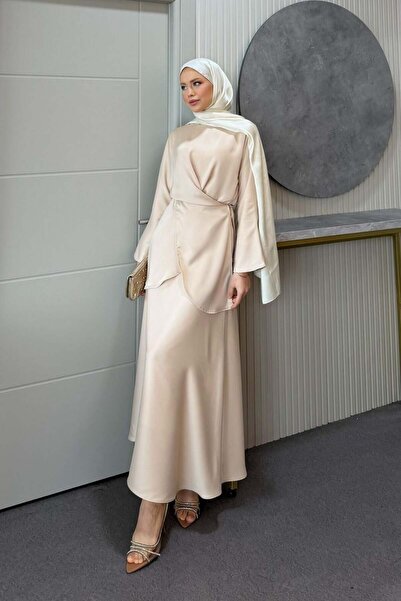 Şulemoda Giyim Olga Saten Etekli Takım Bej