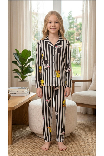 Lacivert Beyaz Çizgili Kız Çocuk Karakter Baskılı Pijama Seti