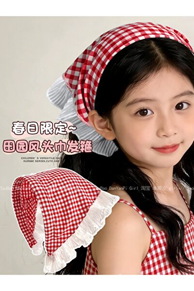 synshop Korean Style Gingham Red Ruffled Triangle Crown Bandana Hair Band Sum...