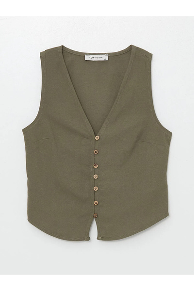 LC Waikiki Lcw vision khaki v-neck straight linen blended women's classic vest