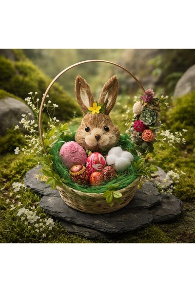 victiny Easter arrangement with rabbit figurines, wooden eggs, scented candle...