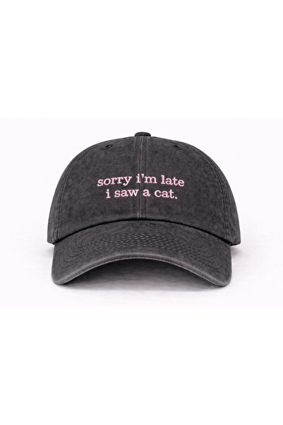 Tresore ''Sorry I'M Late I Saw a Cat'' Embroidered Washed Cap / Cat Embroider...
