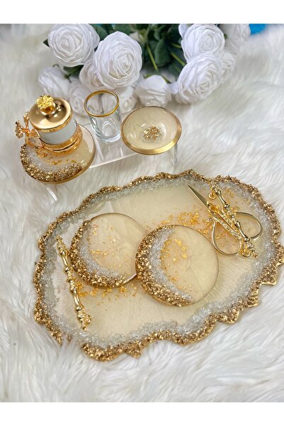 RESİNARTSHOP Epoksi Tepsi sedefli krem+Gold büyük boy nişan+damat tepsi seti