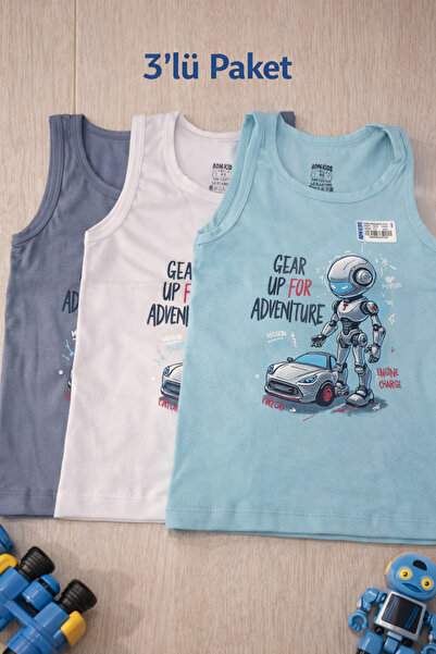 ADN KİDS Boys' Undershirts 3-Pack Colorful Printed 95% Cotton Round Neck Unde...