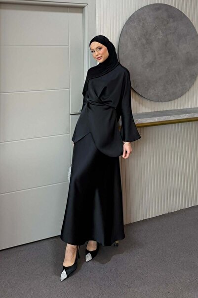Şulemoda Giyim Olga Saten Etekli Takım Siyah