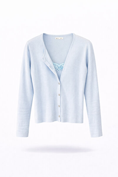 5in1Canpolat Blue Lace Detailed Knitwear Cardigan 261001
