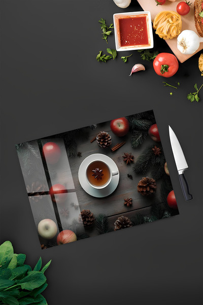 kutuTR Cinnamon Cone and Apple Themed Tempered Glass Cutting Board 30X40 cm Size Uv Printing - Bckt072