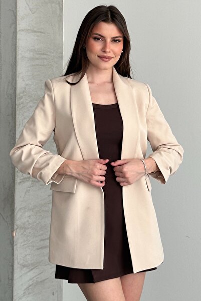 moda armanc Women's Beige Blazer Jacket with Gathered Sleeve Detail, Stylish ...