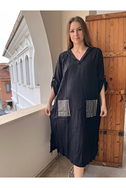 MENSAR OTANTİK KAPŞONLU KETEN CEPLER PULLU ELBİSE