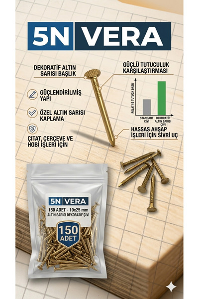 5NVERA 10x25 mm Dekoratif Altın Sarısı Çivi - Mobilya, Ahşap Tamir ve Hobi Çi...